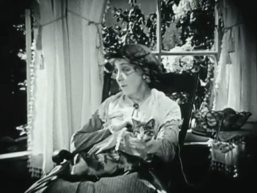 Huckleberry Finn - Aunt Polly Edythe Chapman sitting in chair with knitting and tabby and white cat on lap animated gif