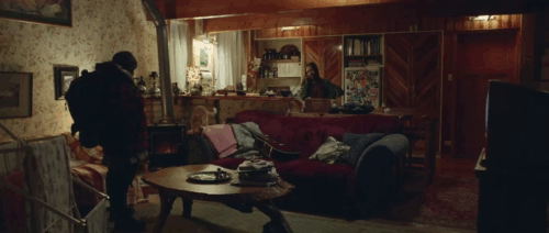 Hunt for the Wilderpeople - ginger tabby cat jumping off couch in scene with Ricky Julian Dennison and Kahu Tioreore Ngatai-Melbourne animated gif