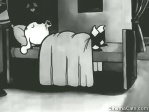 Hurry Doctor! - cartoon mouse and cat licking lips under bed animated gif