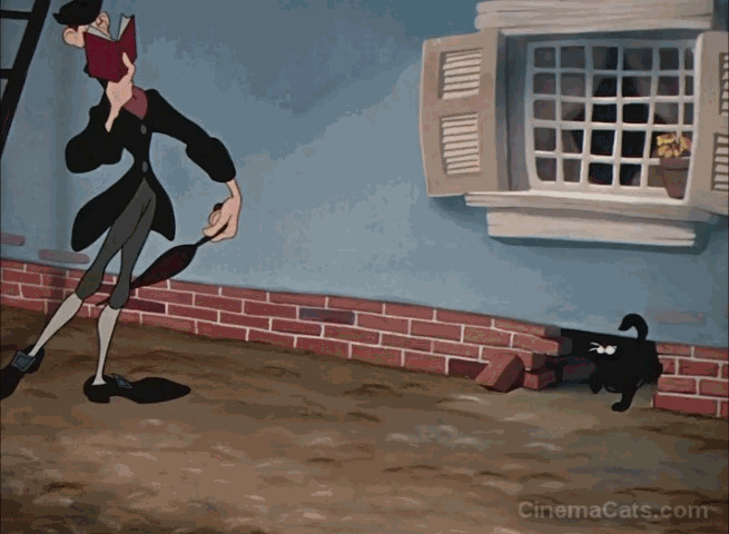 The Adventures of Ichabod and Mr. Toad - Ichabod Crane turns black cat around with umbrella handle animated gif