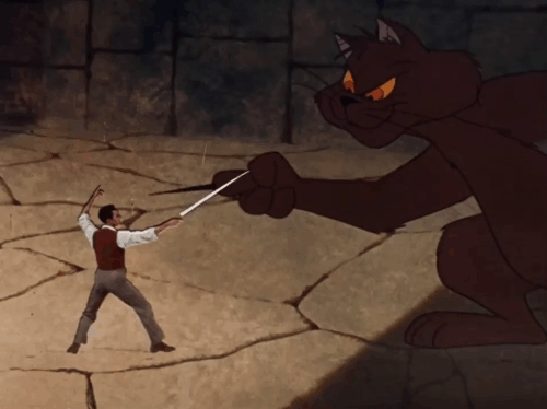 Jack and the Beanstalk - cartoon brown cat pricked by Jeremy Gene Kelly then unsheathing all claws animated gif