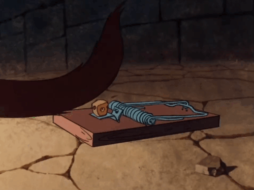 Jack and the Beanstalk - cartoon brown cat getting tail caught in mouse trap and running away animated gif