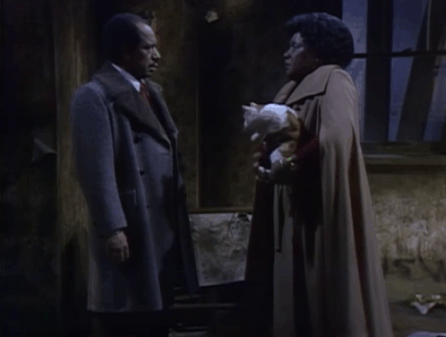 The Jeffersons - And the Doorknobs Shined Like Diamonds - Louise Isabel Sanford handing ginger and white tabby cat to George Sherman Hemsley animated gif