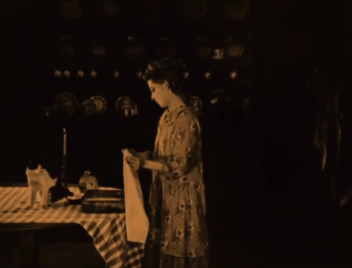 Johanna Enlists - Mary Pickford putting tuxedo cat out for the night animated gif