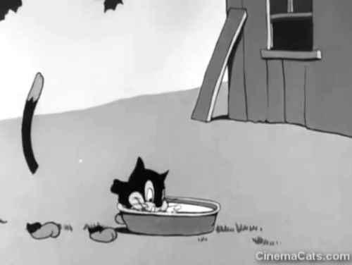 A Jolly Good Furlough - cartoon black cat drinking milk with part of it body invisible and tails of invisible kittens approaching animated gif