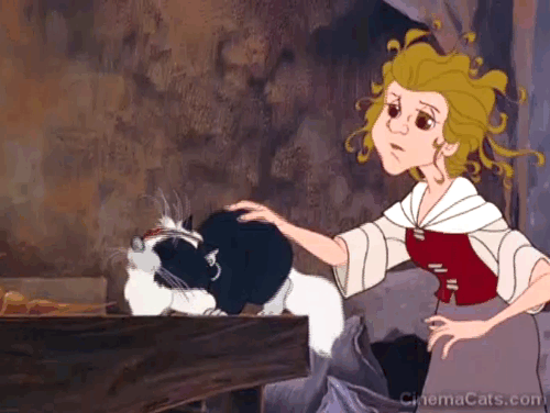 The Last Unicorn - pirate cat being petted by Molly on kitchen table animated gif