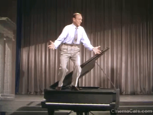 Let's Dance - Donald Elwood Fred Astaire on top of piano with cats running out animated gif