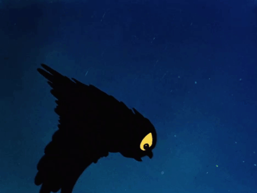 Little Brother Rat - cartoon black and white cat being dropped into chimney by owl at night animated gif