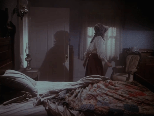Little House on the Prairie - Days of Sunshine, Days of Shadows Part Two - black cat crouching under bed with Laura Melissa Gilbert scruffing him during tornado animated gif