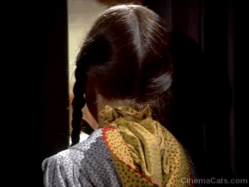 Little House on the Prairie - Haunted House - longhair black cat running from room and down stairs startling Laura Ingalls Melissa Gilbert animated gif