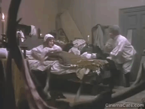 Lock Up Your Daughters - Reverend Bull Peter Bull and Nurse Patricia Routledge in bedroom with numerous cats as bed collapses animated gif