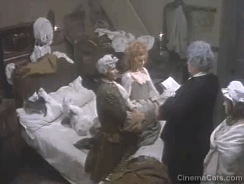 Lock Up Your Daughters - Lusty Jim Dale and Hoyden Vanessa Howard getting married on bed by Reverend Bull Peter Bull and Nurse Patricia Routledge with numerous cats animated gif