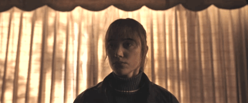 Longlegs - Harker Maiki Monroe looking at grey cat hissing inside carrier animated gif