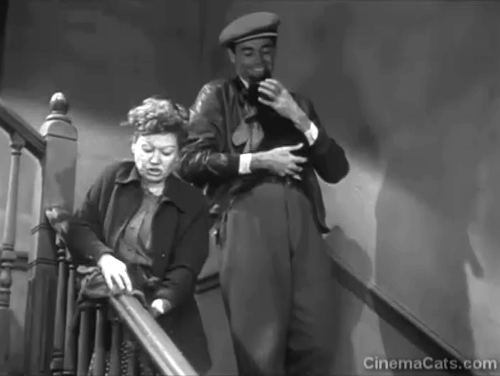 The Long Night - Joe Henry Fonda holding black cat Napoleon with Mrs. Tully Queenie Smith on stairs animated gif
