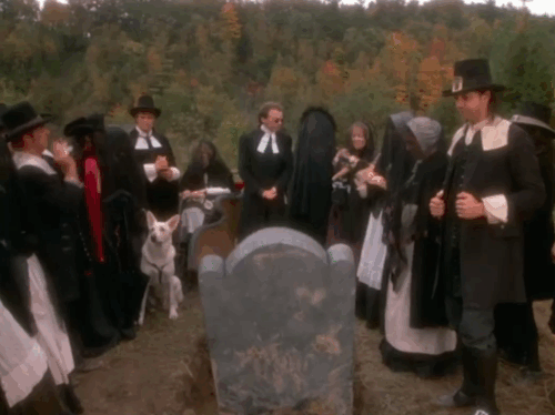 Love at Stake - Aunt Deliverence Norma MacMillan holding ginger and white tabby cat in mourning dress and veil who runs when handkerchief flies at them animated gif