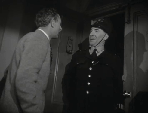 Miss Robin Hood - policeman Charles Farrell hanging tuxedo cat over to Henry Richard Hearne at door animated gif