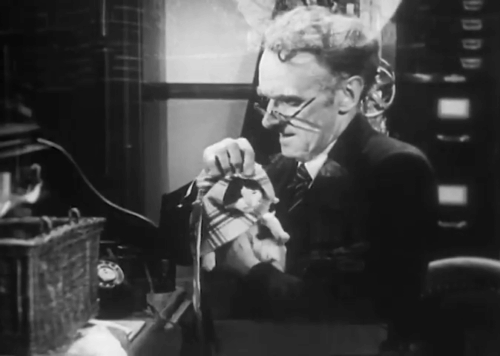 Mr. Beamish Goes South - Potter John Laurie dressing black and white tuxedo kitten in coat animated gif