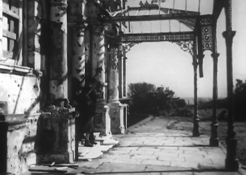 Mr. Beamish Goes South - Potter John Laurie with black and white tuxedo kitten and Miss Carrington Molly Raynor exiting building animated gif