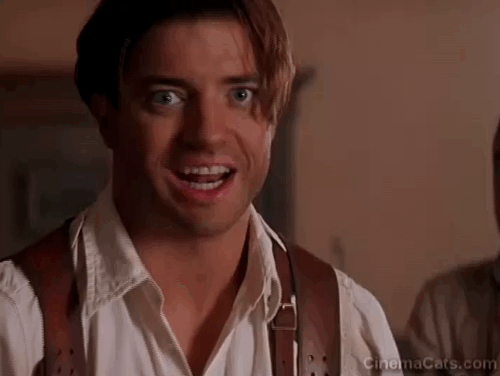 The Mummy - Rick Brendan Fraser holding up white cat and scaring Imhotep Arnold Vosloo animated gif