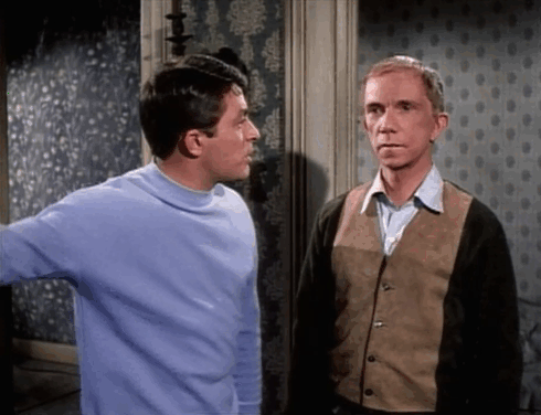 My Favorite Martian - Stop the Presses, I Want to Get Off - Tim Bill Bixby watches as Uncle Martin Ray Walston turns lion into tuxedo cat animated gif