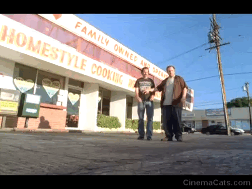 My Name is Earl - Larceny of a Kitty Cat - Earl Jason Lee and Randy Ethan Suplee with black cat crossing their path twice animated gif