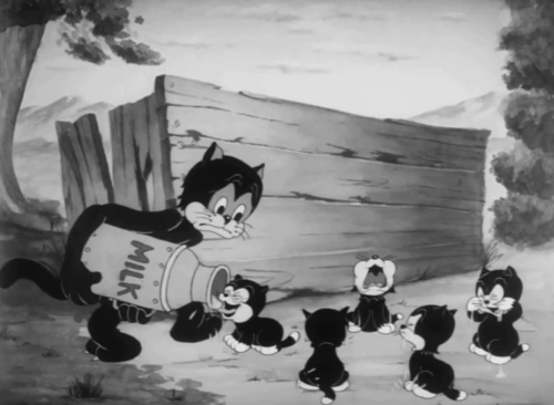 Naughty Neighbors - cartoon black mama cat holding up milk jug to be hit by bullets to feed five hungry kittens animated gif