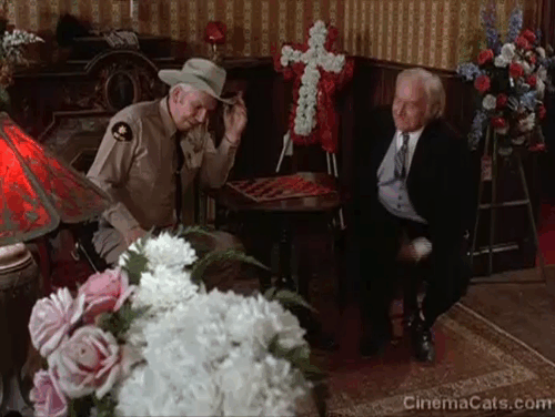 Night Gallery - Die Now, Pay Later - black cat being petted on lap of Peckinpah Will Geer with Sheriff Harlow Slim Pickens animated gif