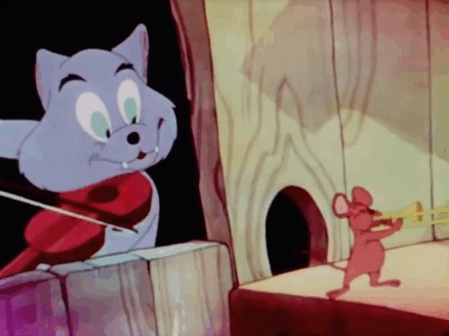 Old MacDonald Had a Farm - cartoon hungry cat playing violin trying to eat mouse playing trombone animated gif