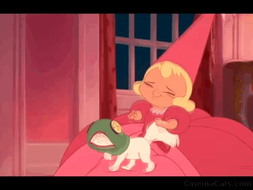 The Princess and the Frog - young Charlotte roughhousing with frazzled white kitten Marcel who jumps to ceiling animated gif