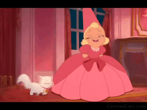 The Princess and the Frog - young Charlotte shoving frog mask on white kitten Marcel and pushing him to kiss Tiana animated gif