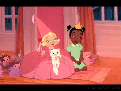 The Princess and the Frog - young Charlotte hugging white kitten Marcel too tightly with young Tiana animated gif