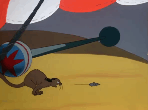 Punch Trunk - cartoon brown tabby cat chasing mouse and catching tiny elephant before looking startled and turning into monkey animated gif