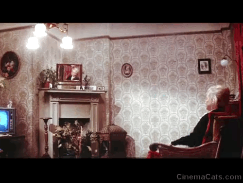 The Return of the Pink Panther - Molly Maureen in armchair with white cat as wall explodes animated gif