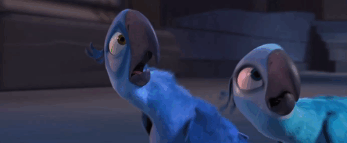 Rio - cartoon ginger cat being startled by Blu and Jewel and landing on Armanda and Tipa animated gif