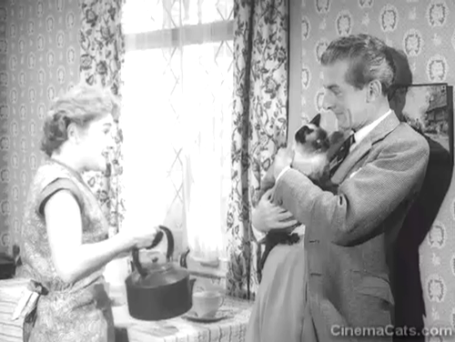 Rogue's Yarn - Siamese cat Khadi kissed by Sergeant Adams Hugh Latimer with maid Barbara Christie animated gif