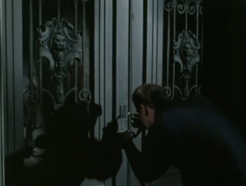 The Saint - Vendetta for the Saint, Part Two - Simon Templar Roger Moore startled by gray cat in crypt enclave jumping down to broken vase animated gif