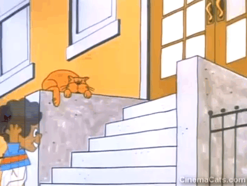 Schoolhouse Rock - Verb, That's What's Happening - cartoon orange cat jumping up scared beside steps as boy slams door animated gif
