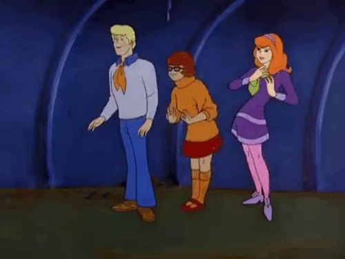 Scooby Doo, Where Are You - Make a Beeline Away from That Feline - small cartoon tabby cat jumping in Daphne's arms with Fred and Velma animated gif