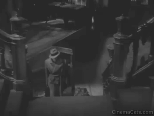 Seven Keys to Baldpate - William Magee Gene Raymond reacts to black cat on landing animated gif