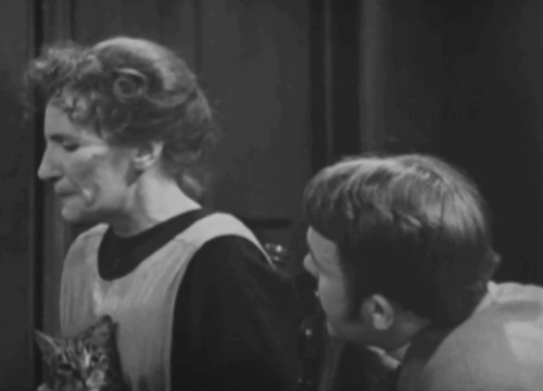 Sergeant Cork - File 2534: The Case of the Public Paragon - Mrs. Archer Ann Tirard sitting in rocking chair with tabby cat on lap and Bob William Gaunt animated gif