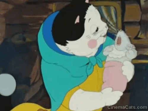 The Silly Little Mouse - cartoon black and white cat sings to and licks mouse child animated gif
