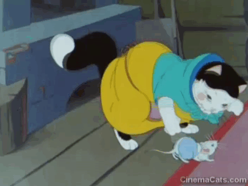 The Silly Little Mouse - sweet looking cartoon black and white cat playing with mouse child turns primal animated gif