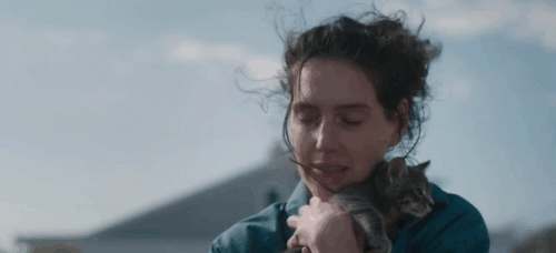 Sorry, Baby - Agnes Eva Victor hugging and holding up gray tabby kitten Olga Noochie animated gif