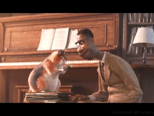 Soul - calico cat Mr. Mittens trying to cut 22 as Joe's hair with razor animated gif