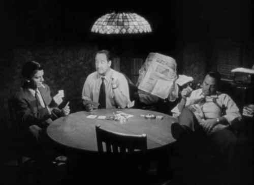 Southside 1-1000 - Frankie Joe Turkel, Reggie George Tobias playing cards at table with Studs Mickey Simpson playing with tabby cat animated gif