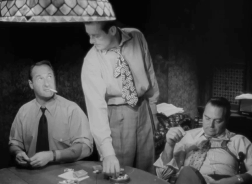Southside 1-1000 - Reggie George Tobias playing cards at table with Studs Mickey Simpson slapping hand away of Riggs Don DeFore who tries to pet tabby cat animated gif