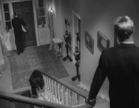 The Spaniard's Curse - Charley Tony Wright coming down stairs toward Manton Michael Hordern as white longhair cat lashes tail animated gif