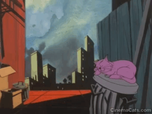 Spiderman - The Origin of Spiderman - cartoon purple cat sleeping on trash can is startled awake by Spiderman swinging by and runs away animated gif