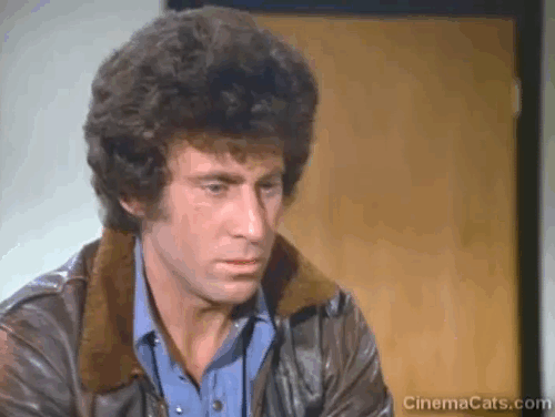 Starsky & Hutch - Silence - Paul Michael Glaser taking tabby kitten then looking at hand animated gif