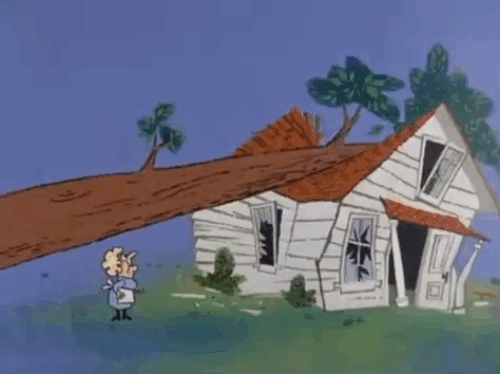 Super Pink - Panther picking up white cartoon cat from smashed house to hand to old woman animated gif